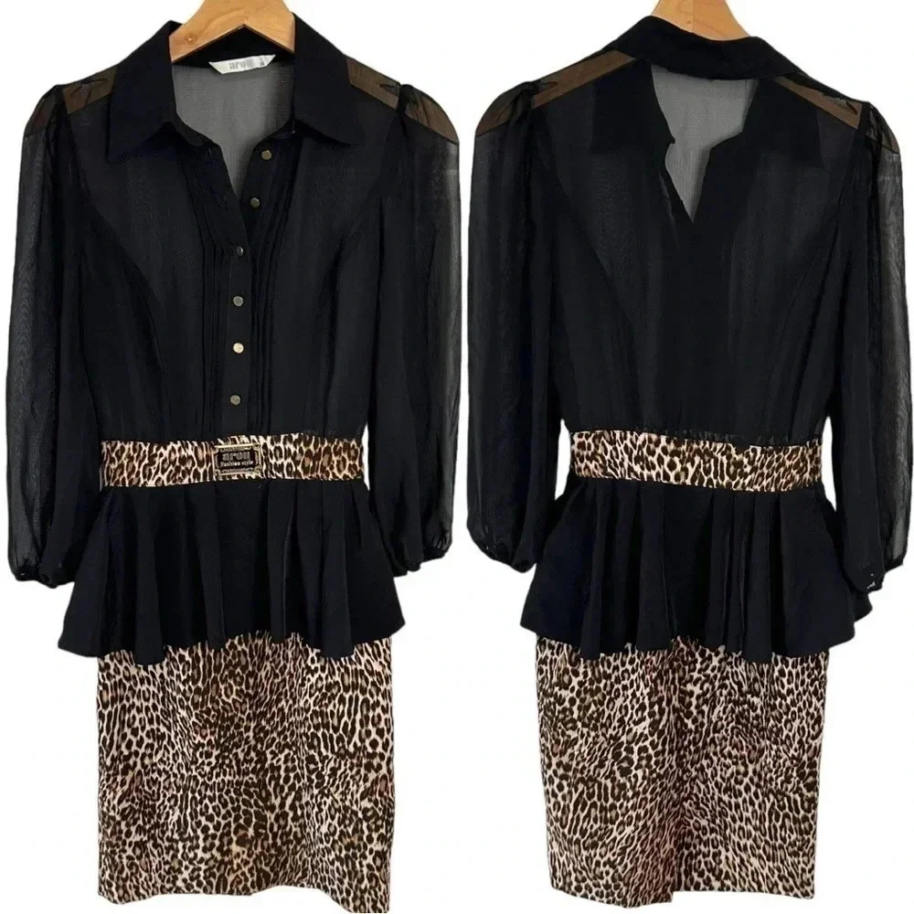 Aron 36/6 ‎ black & leopard print belted long sheer sleeve dress
